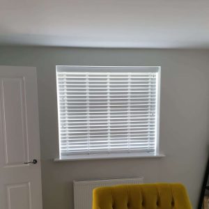 white Venetian blinds in modern room