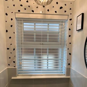 faux wood blinds in a bathroom