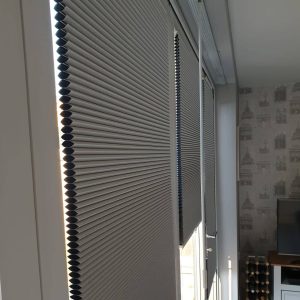 closeup of grey duette blinds
