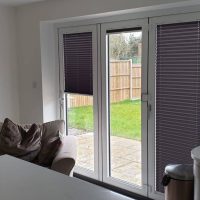 purple pleated blinds in kitchen diner