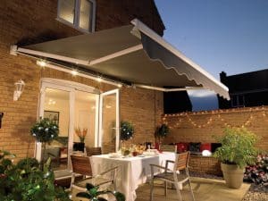 Outdoor dining underneath an awning