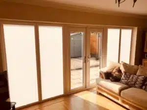 An image of perfect fit blinds in patio door windows